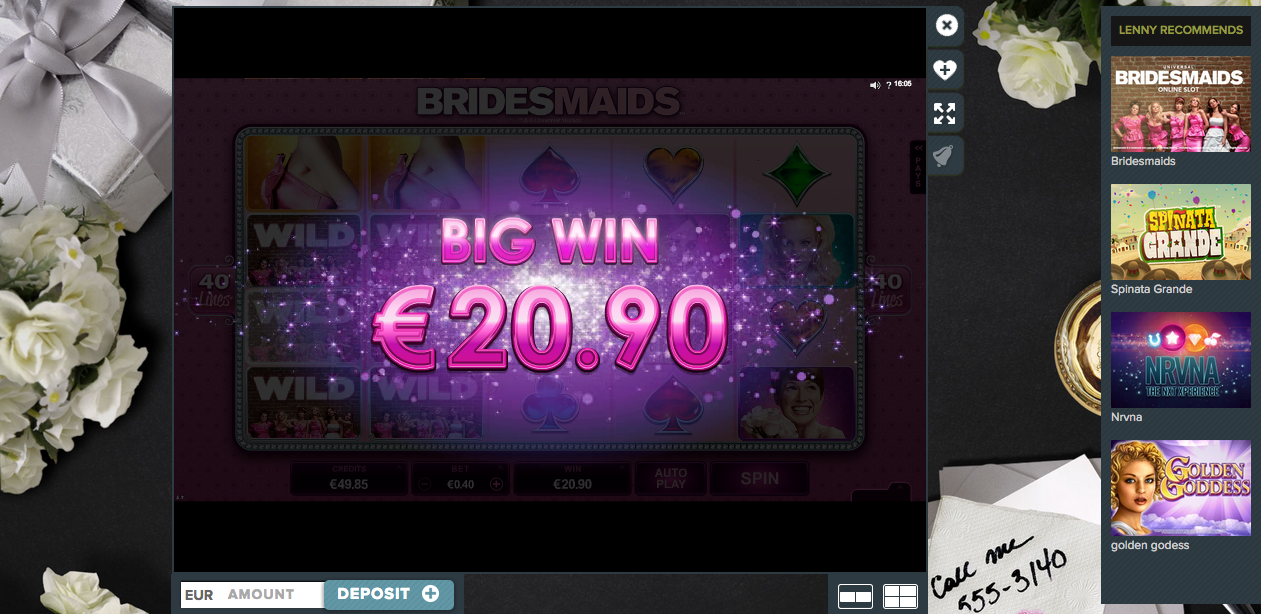 Big Win interface at Bridesmaids!